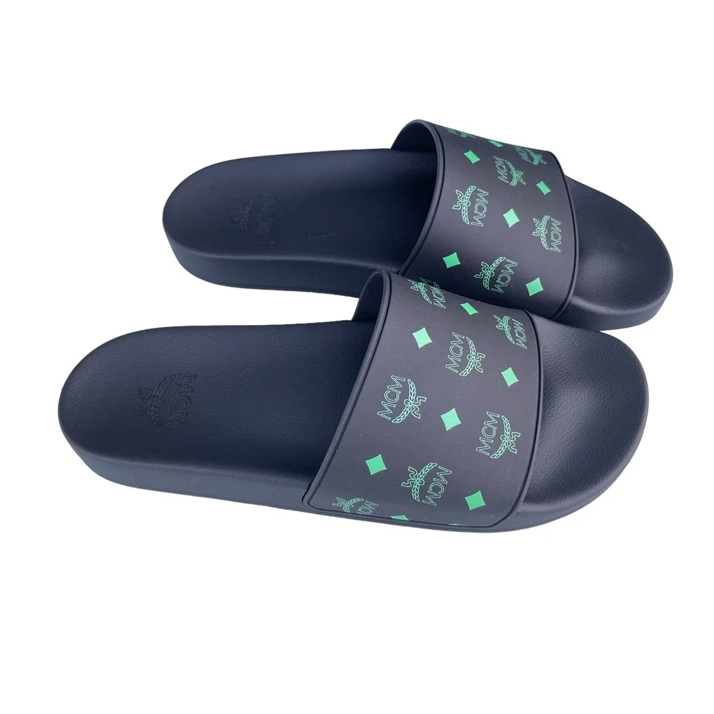 MCM Mens Black/Green Visetos Print Rubber Slides Slippers, MEX CSSX01 JW0 EU42